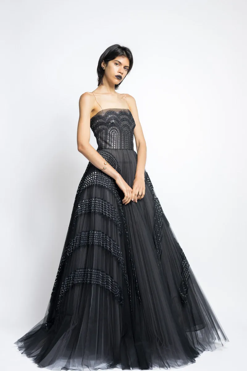 Metallic Nailhead Lace And Tulle Applique Pleated Gown WIth Blouson Top