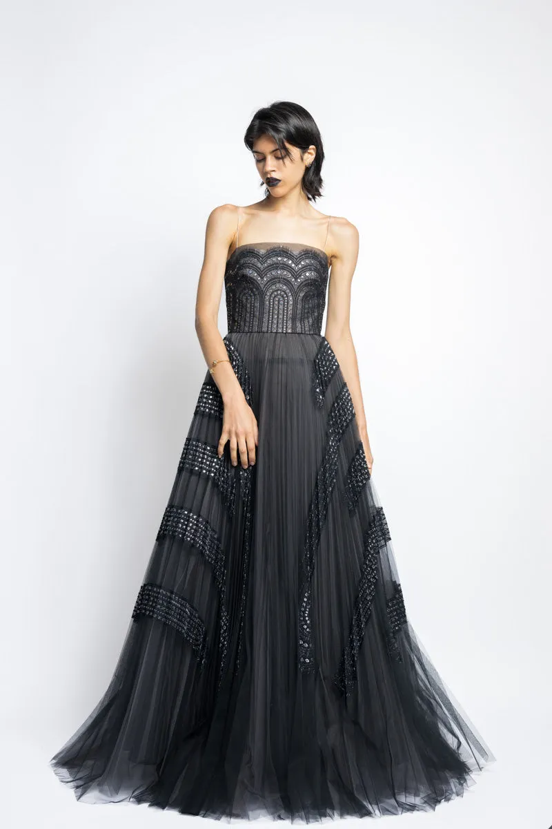 Metallic Nailhead Lace And Tulle Applique Pleated Gown WIth Blouson Top