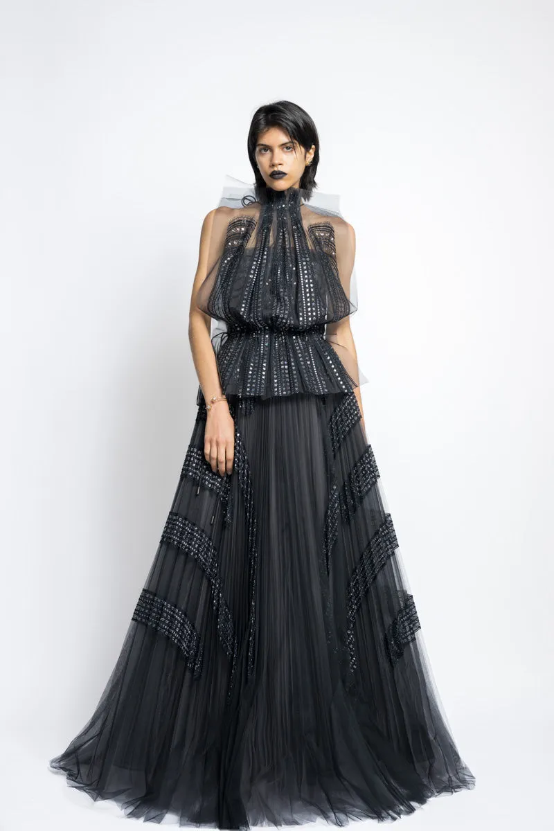 Metallic Nailhead Lace And Tulle Applique Pleated Gown WIth Blouson Top