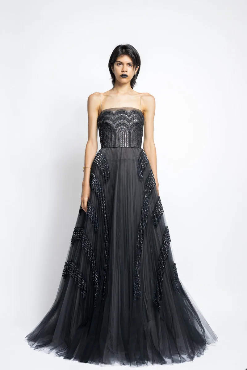 Metallic Nailhead Lace And Tulle Applique Pleated Gown WIth Blouson Top