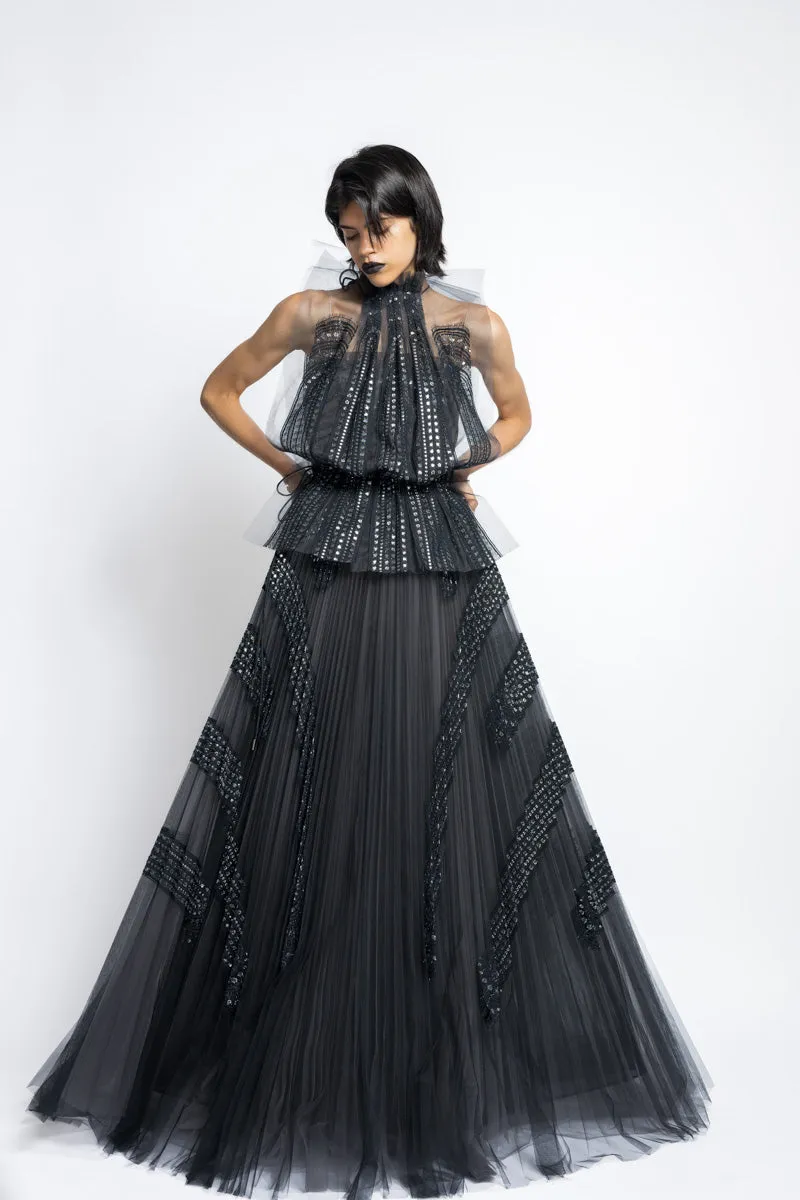 Metallic Nailhead Lace And Tulle Applique Pleated Gown WIth Blouson Top