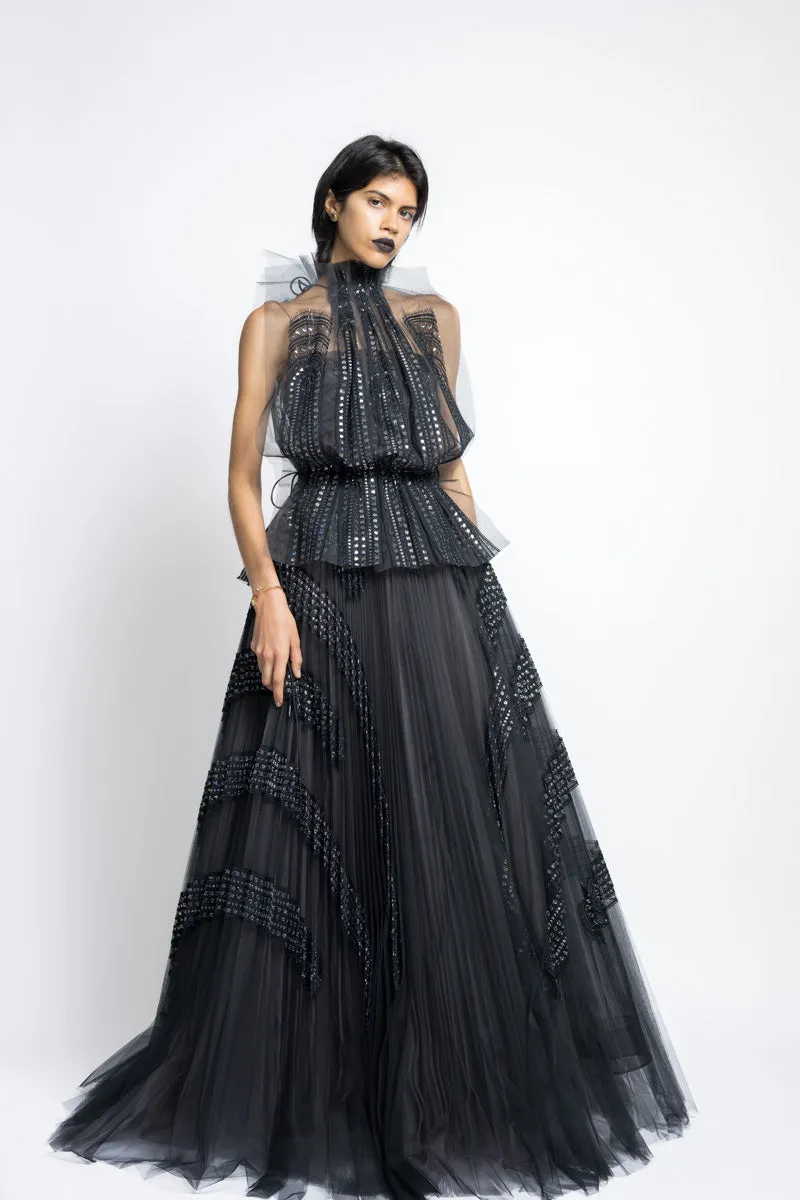 Metallic Nailhead Lace And Tulle Applique Pleated Gown WIth Blouson Top