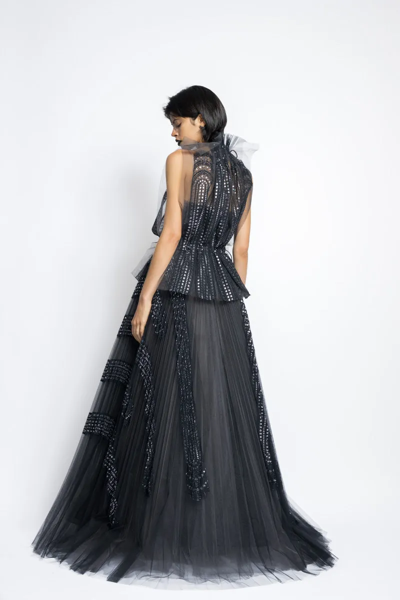 Metallic Nailhead Lace And Tulle Applique Pleated Gown WIth Blouson Top