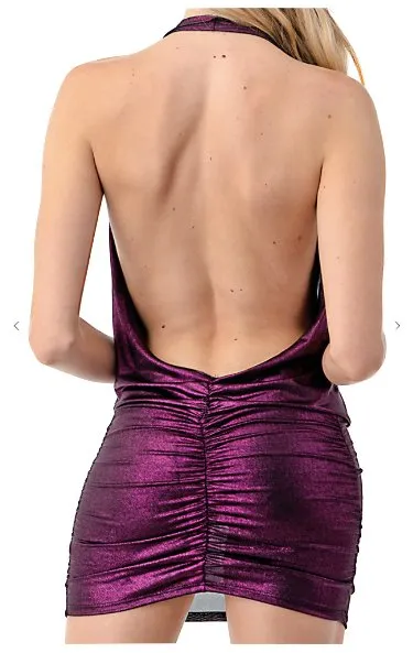 Metallic Sexy Halter Dress Magenta