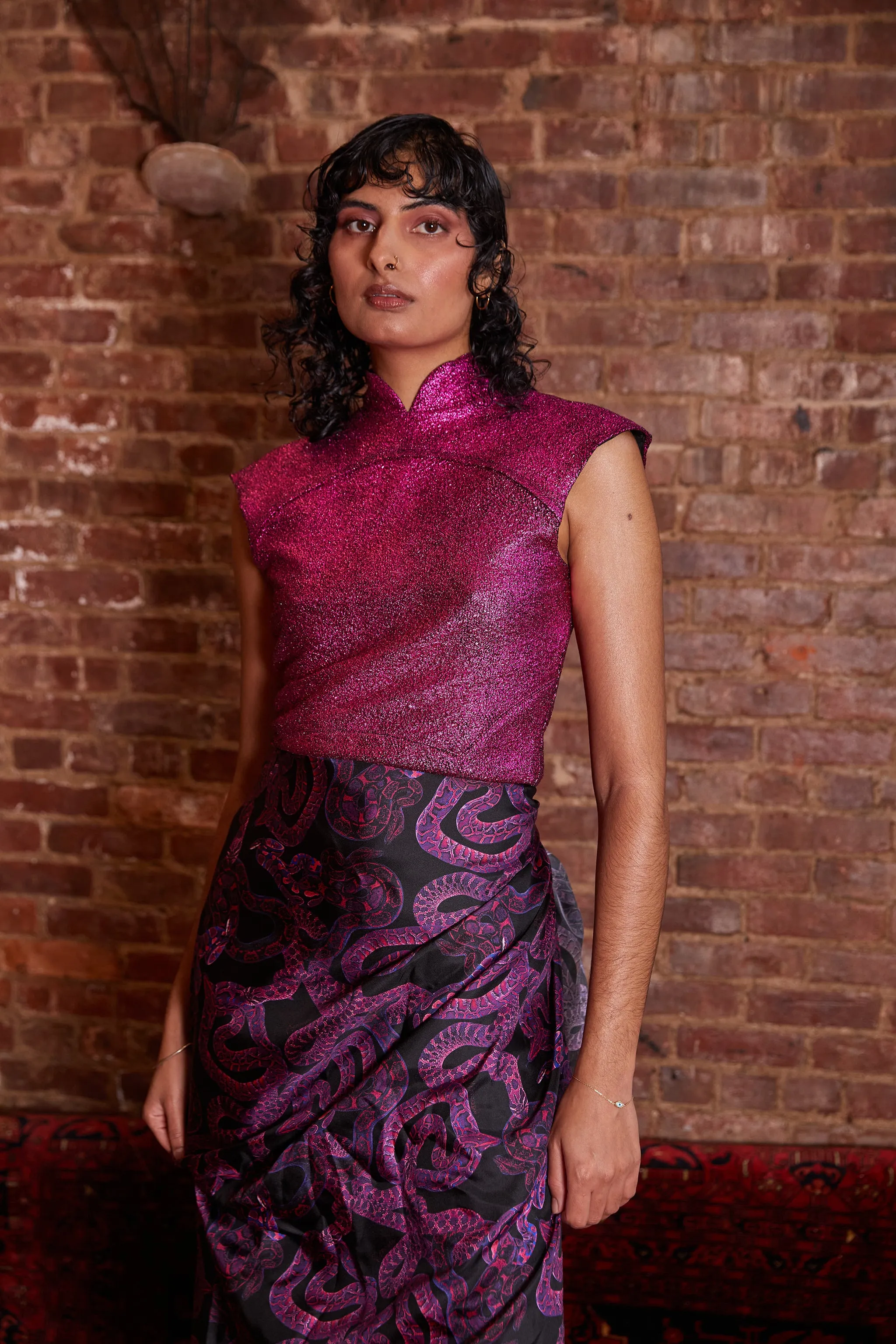 Metallic Top with Mandarin Collar - Black