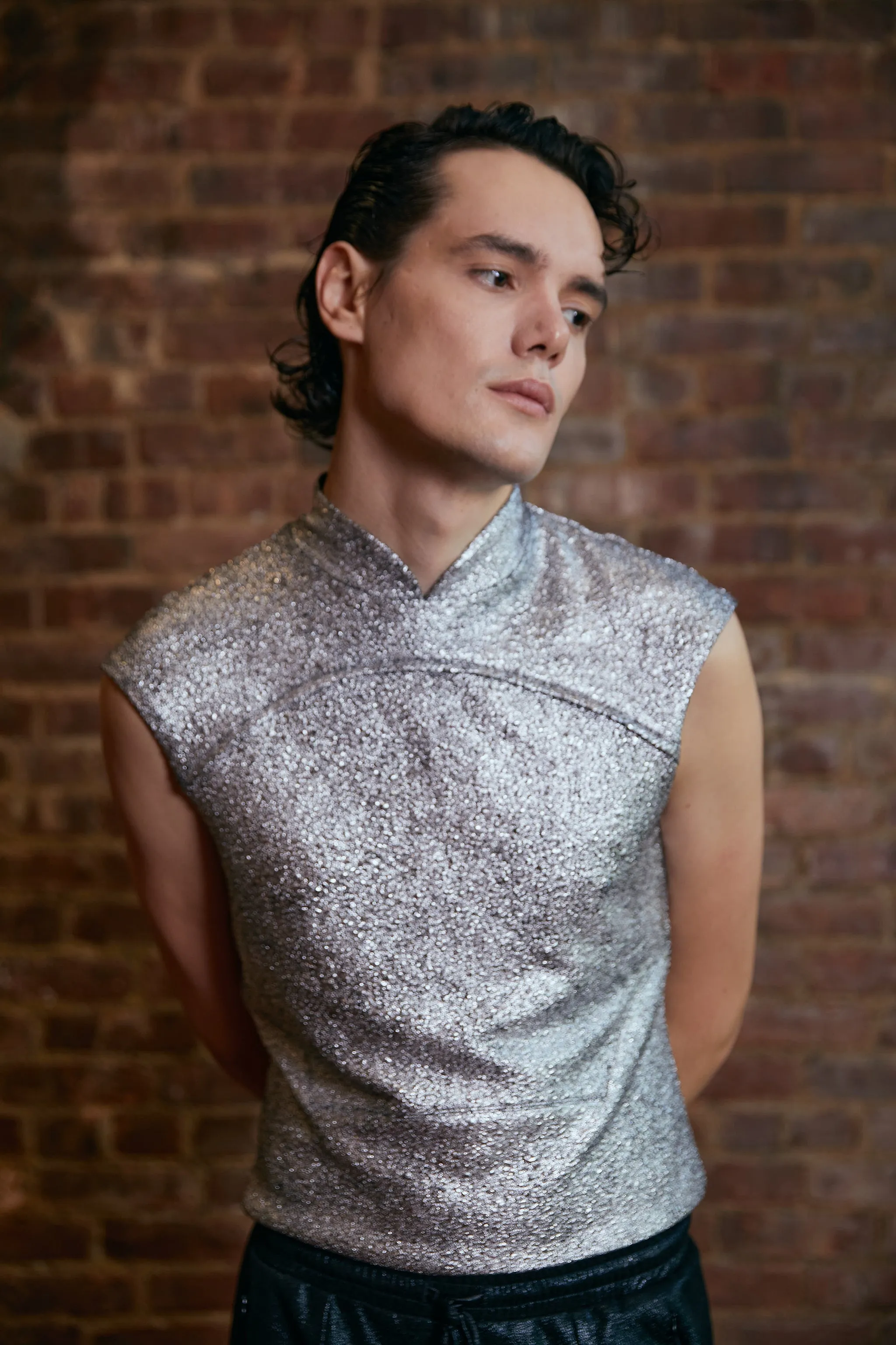 Metallic Top with Mandarin Collar - Black