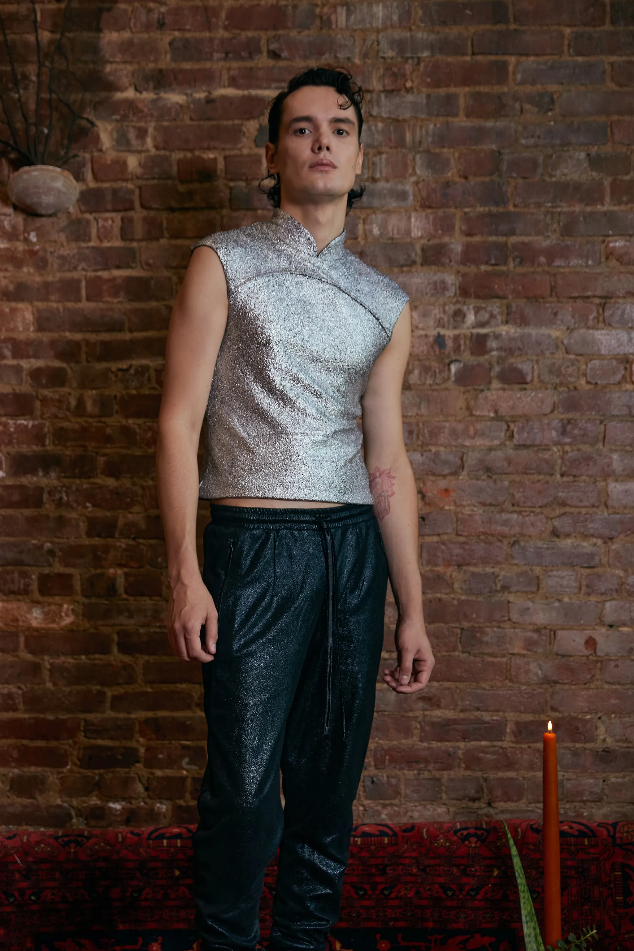 Metallic Top with Mandarin Collar - Black