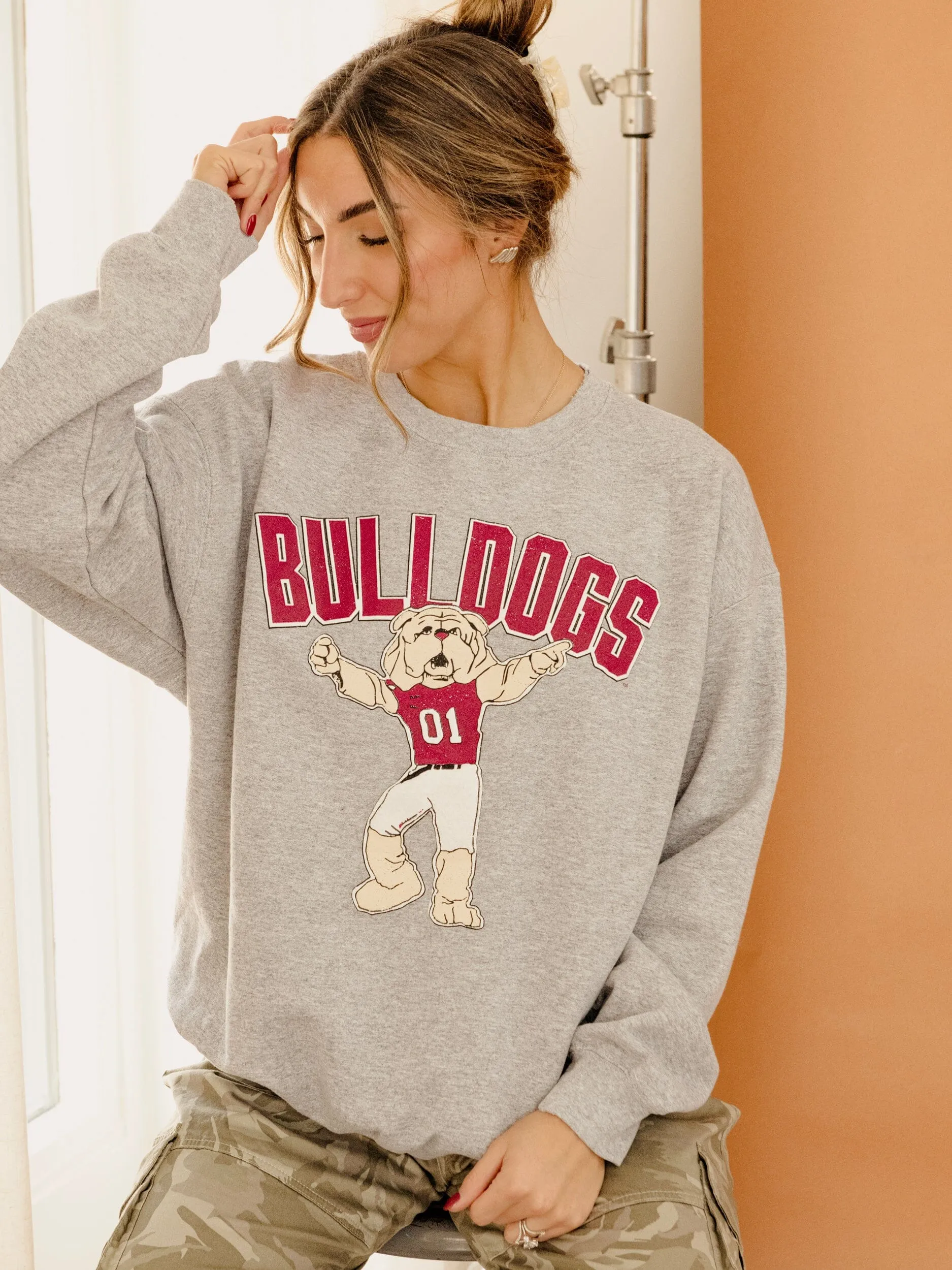 Mississippi State Bulldogs Cartoon Mascot Puff Ink Gray Thrifted Sweatshirt