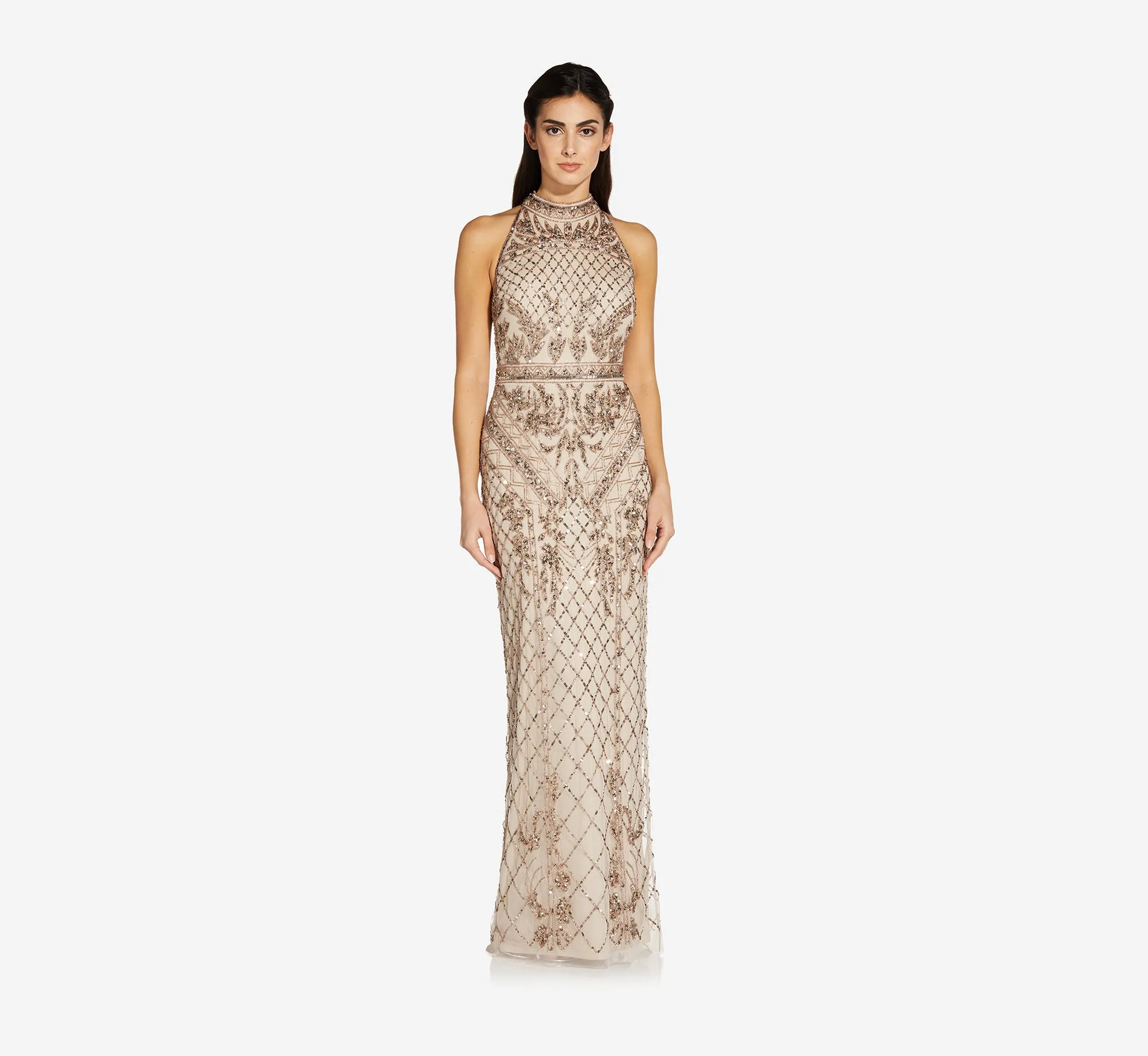 Mock Neck Beaded Column Dress with T-Back