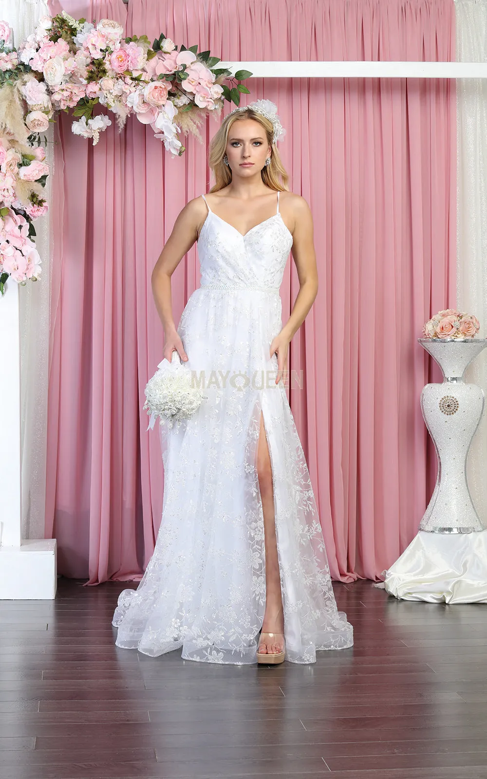 MQ 1787 - Glitter Print A-Line Prom Gown with V-Neck Open Corset Back & Leg Slit