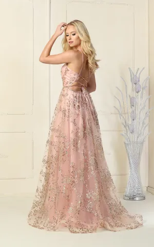 MQ 1787 - Glitter Print A-Line Prom Gown with V-Neck Open Corset Back & Leg Slit