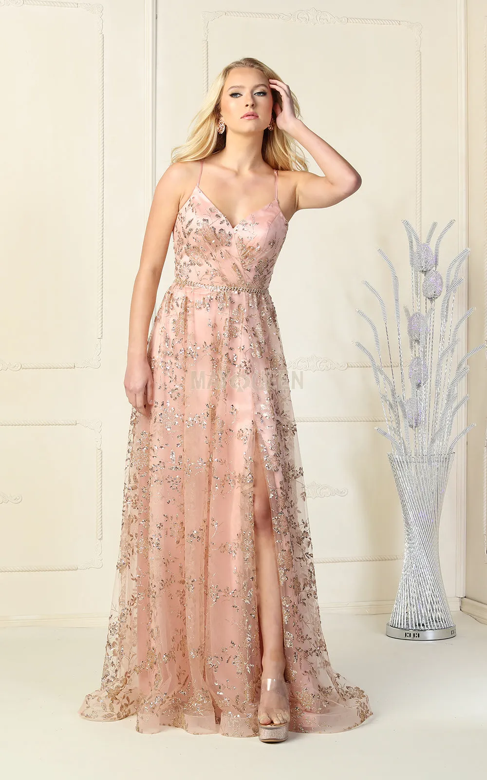 MQ 1787 - Glitter Print A-Line Prom Gown with V-Neck Open Corset Back & Leg Slit