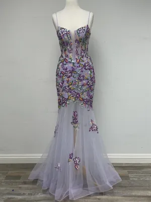 N D1356 - Floral Patterned Sequin Fit & Flare Prom Gown with Sheer Boned Bodice & Open Lace Up Corset Back