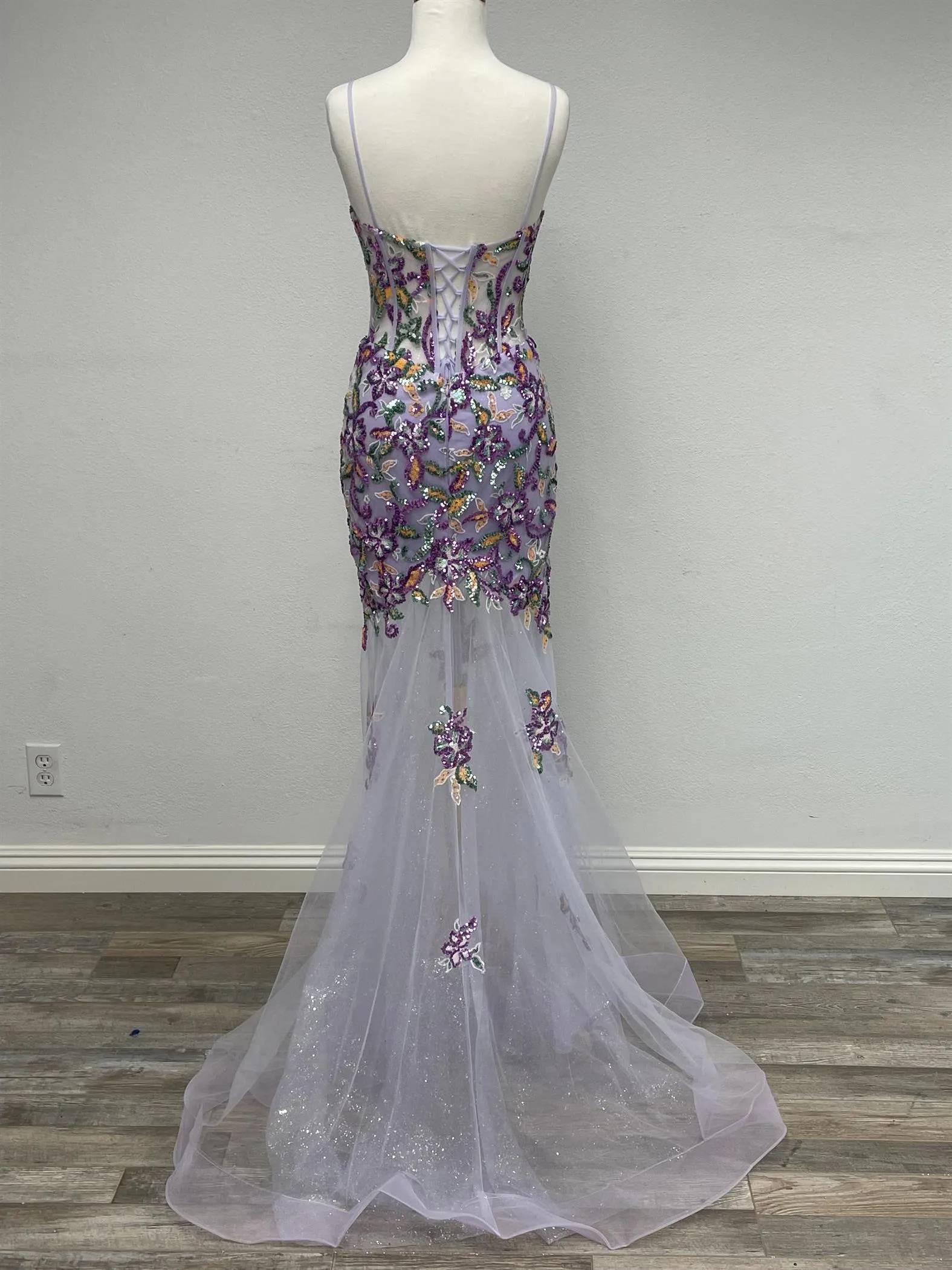 N D1356 - Floral Patterned Sequin Fit & Flare Prom Gown with Sheer Boned Bodice & Open Lace Up Corset Back