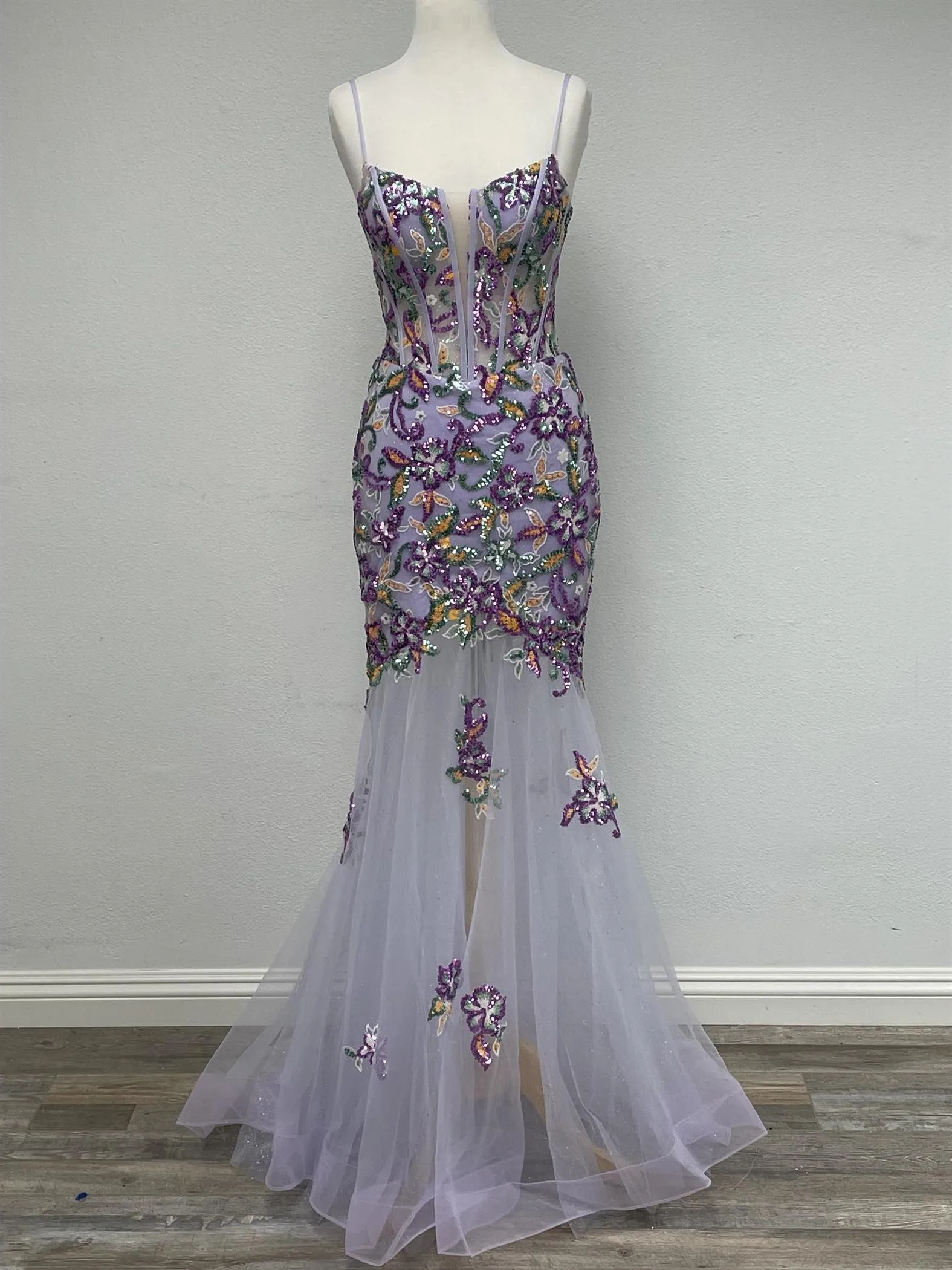N D1356 - Floral Patterned Sequin Fit & Flare Prom Gown with Sheer Boned Bodice & Open Lace Up Corset Back