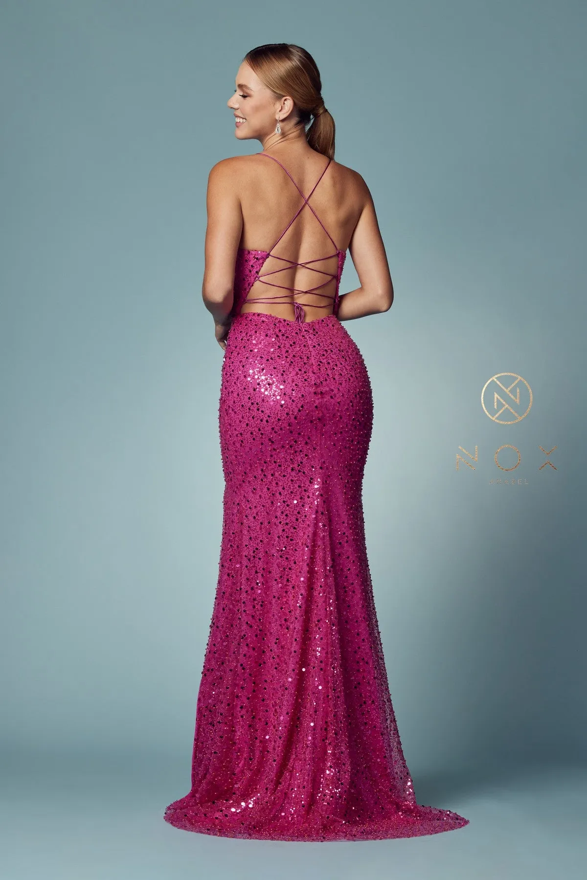 N R1031 - Full Sequins Cowl Neck Fit & Flare Prom Gown with Open Corset Back & Leg Slit