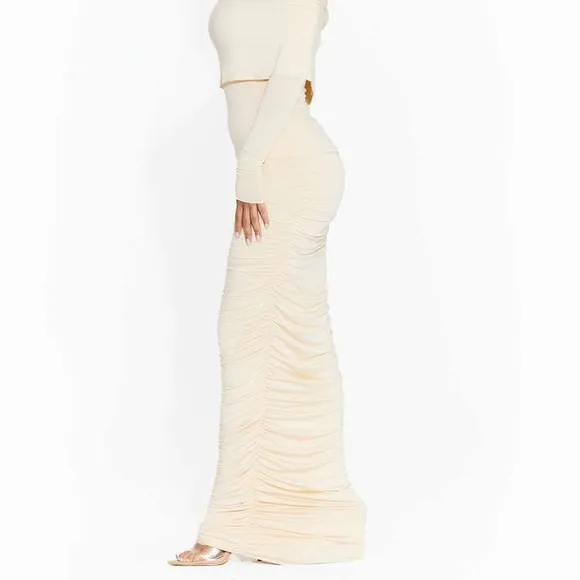 Naked Wardrobe Ruched Energy Maxi Skirt in Oatmeal