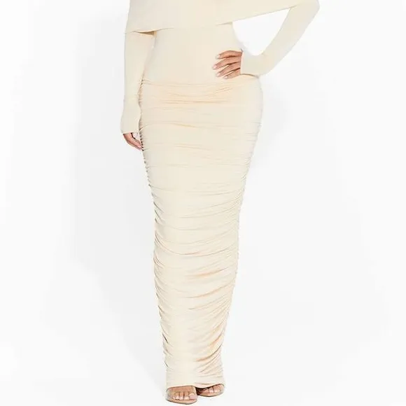 Naked Wardrobe Ruched Energy Maxi Skirt in Oatmeal
