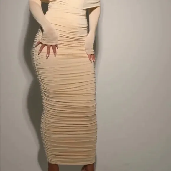 Naked Wardrobe Ruched Energy Maxi Skirt in Oatmeal