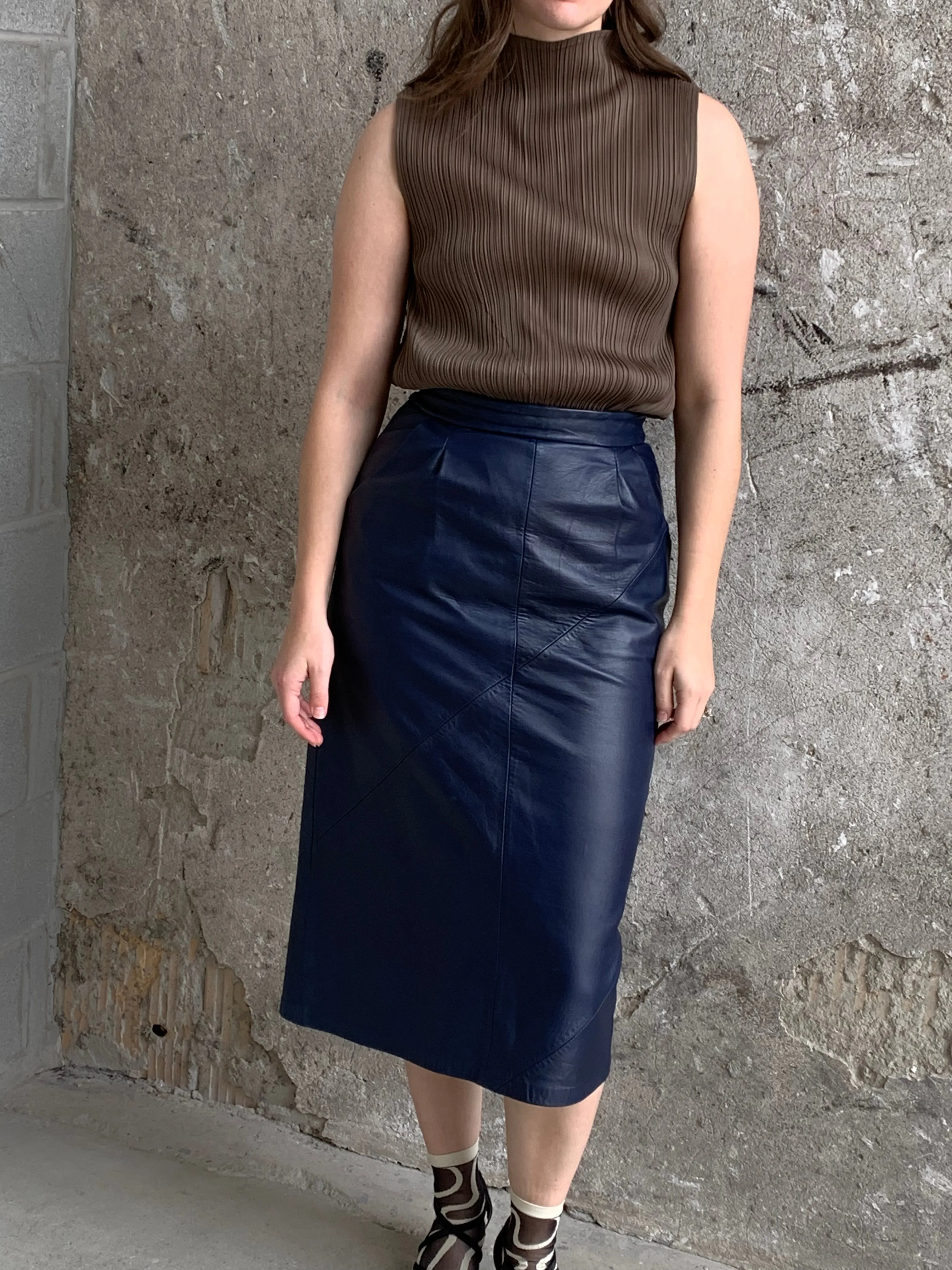 navy leather midi skirt