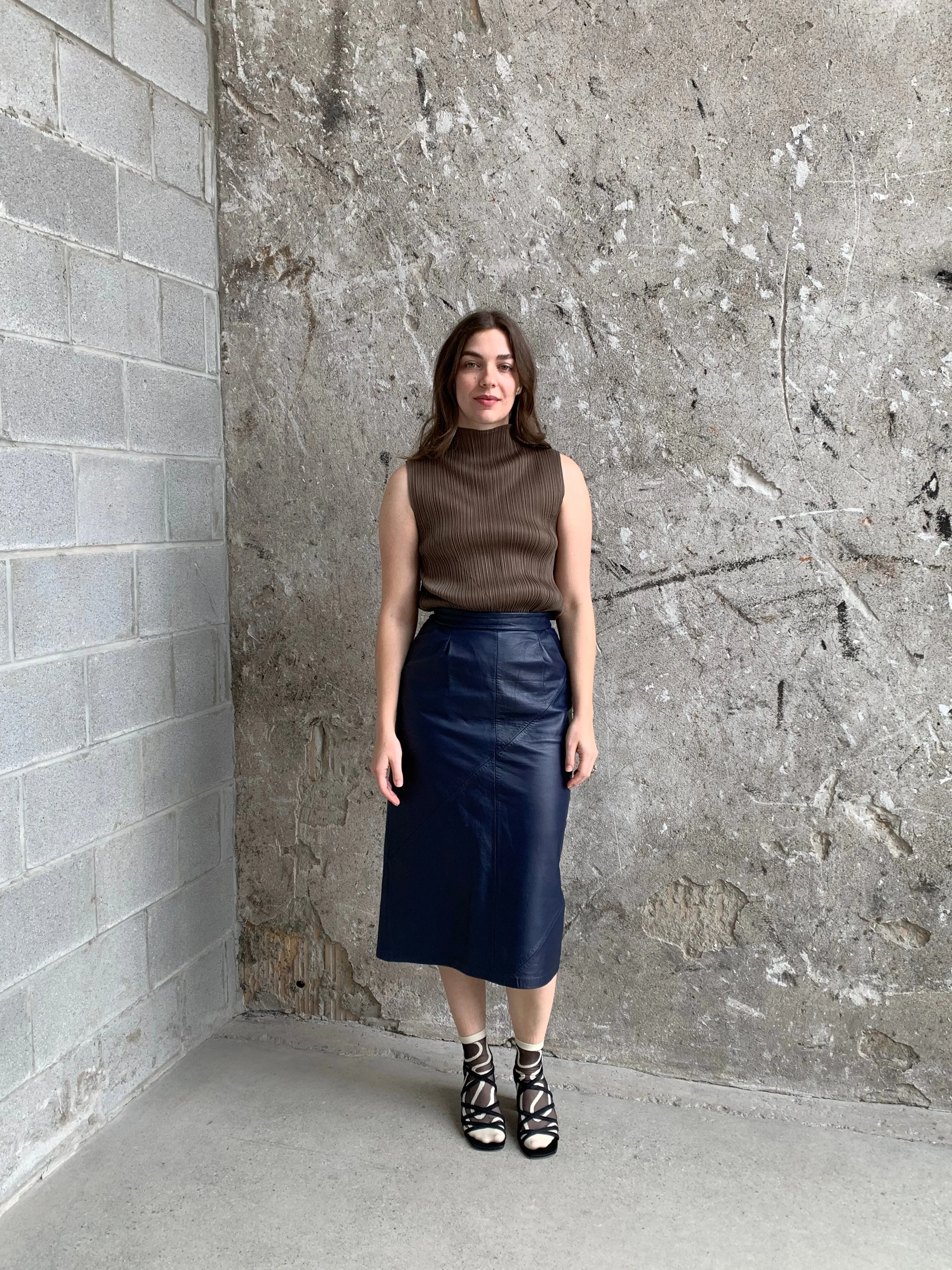 navy leather midi skirt