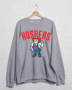 Nebraska Huskers Cartoon Mascot Puff Ink Gray Thrifted Sweatshirt