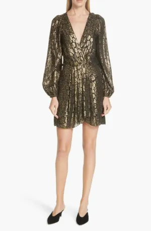 NEW Elsa Marina Leopard Fil Designer Coupé Dress Sz 8! Faux-wrap silk dress patterned with shimmering metallic fil coupé leopard spots. - Retails $732 