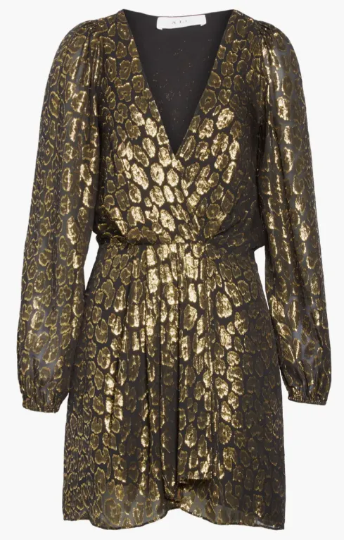 NEW Elsa Marina Leopard Fil Designer Coupé Dress Sz 8! Faux-wrap silk dress patterned with shimmering metallic fil coupé leopard spots. - Retails $732 