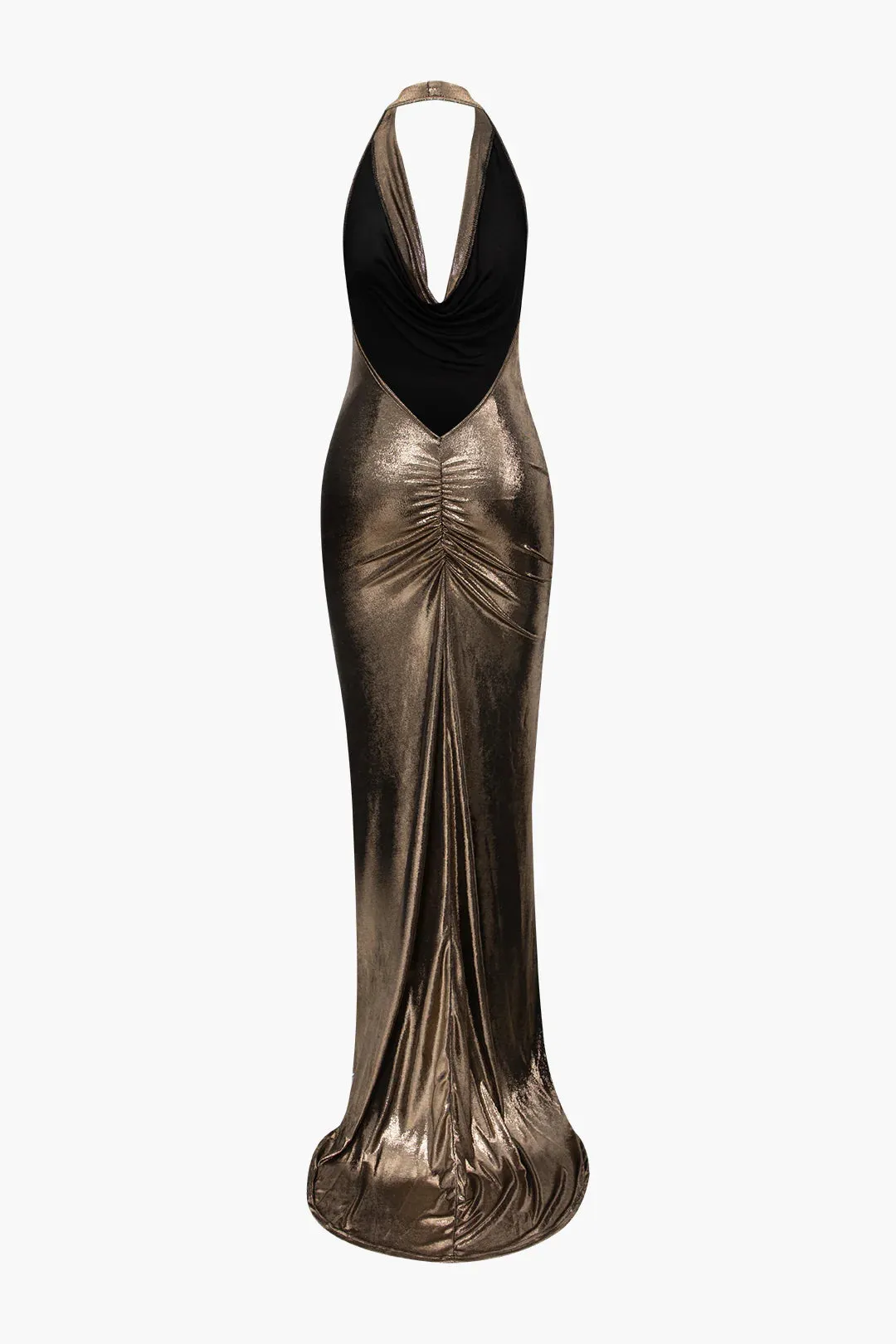 NEW Micas Stunning Champagne Beige Metallic Cowl Neck Halter Backless Maxi Dress Sz L
