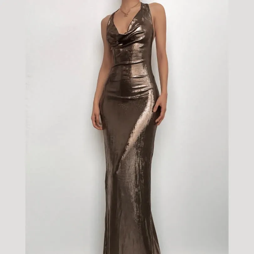 NEW Micas Stunning Champagne Beige Metallic Cowl Neck Halter Backless Maxi Dress Sz L