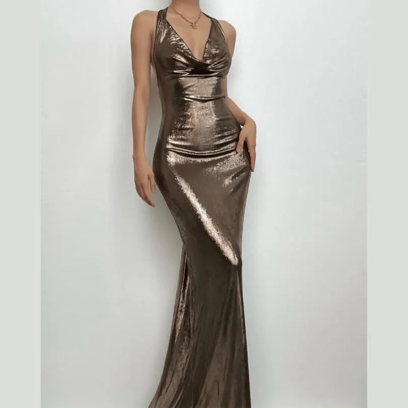 NEW Micas Stunning Champagne Beige Metallic Cowl Neck Halter Backless Maxi Dress Sz L