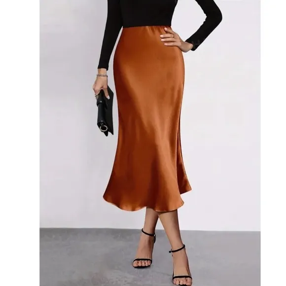 NEW! Rust Satiny High Waisted Midi Skirt with Side Zip!