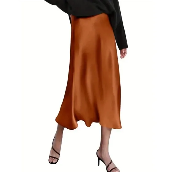 NEW! Rust Satiny High Waisted Midi Skirt with Side Zip!