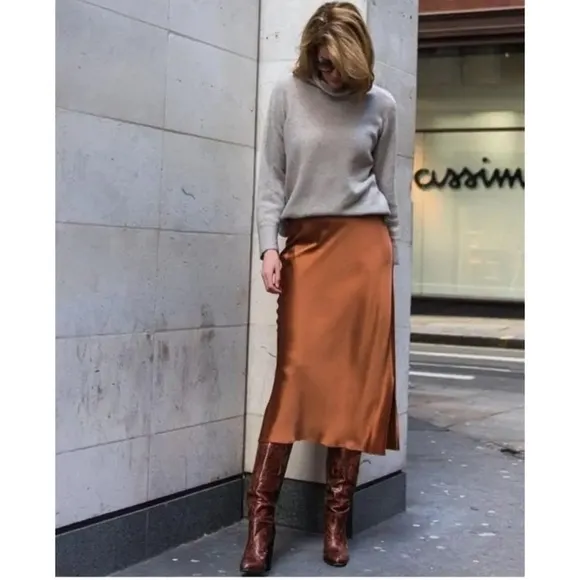 NEW! Rust Satiny High Waisted Midi Skirt with Side Zip!