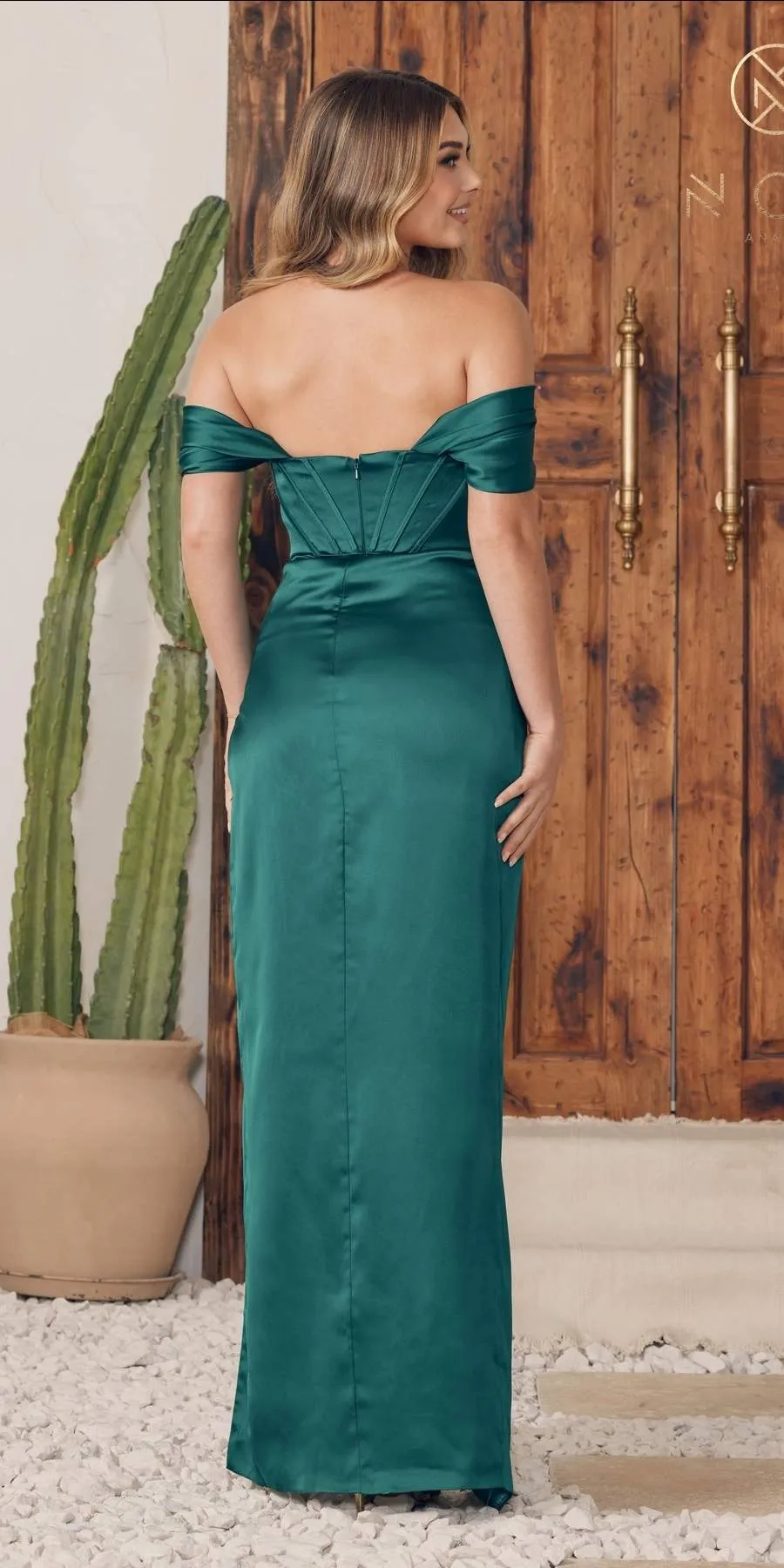 Nox Anabel R1236 Long Off Shoulder Strap Cowl Neckline Satin Dress