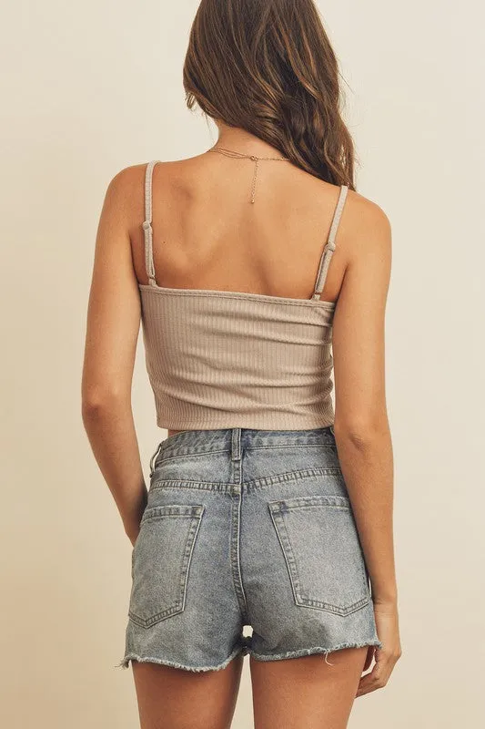 NUDE BUTTON FRONT RIBBED CROP TOP