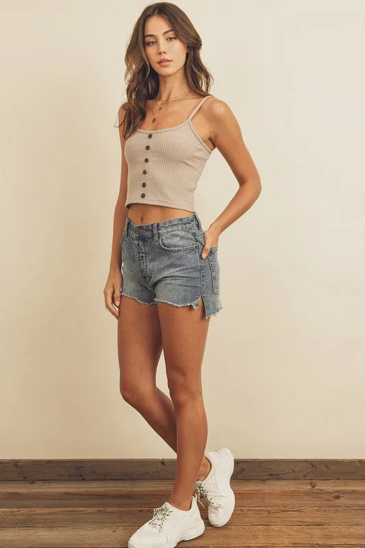 NUDE BUTTON FRONT RIBBED CROP TOP