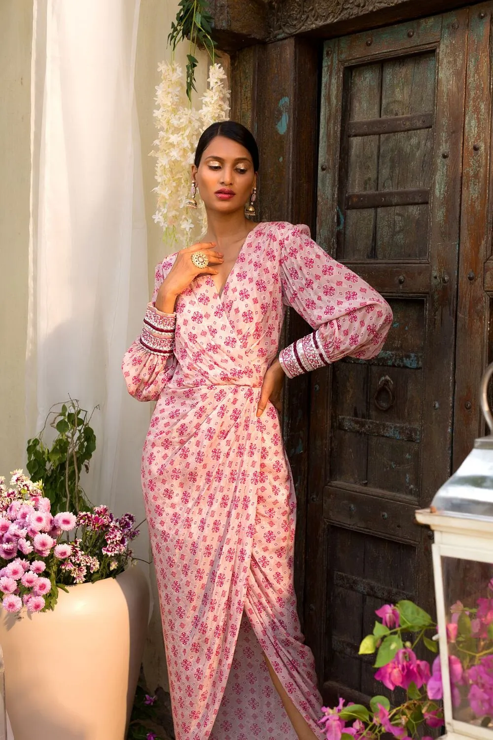 Nude Pink Tribal Booti Wrap Dress With Embroidered Cuffs