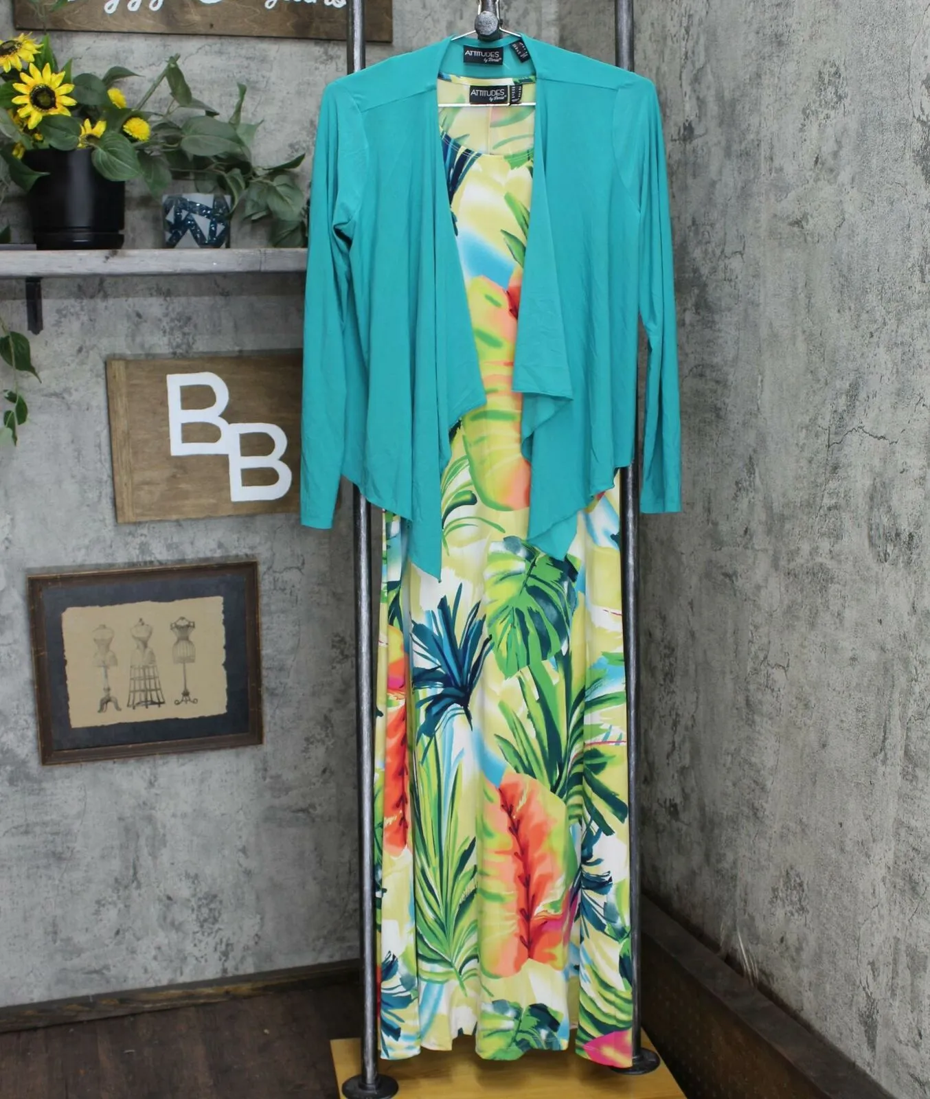 NWT Attitudes By Renee Tropical Print Knit Maxi Dress With Cardigan. A306555 S