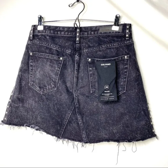 NWT GRLFRND EVA Studded Gusset A-frame black grey Denim mini Skirt sz 28