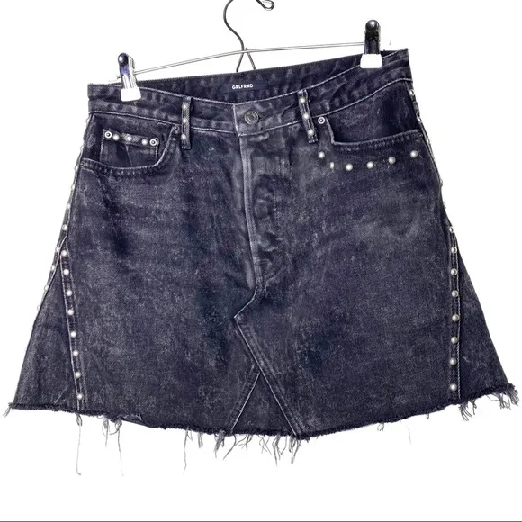 NWT GRLFRND EVA Studded Gusset A-frame black grey Denim mini Skirt sz 28