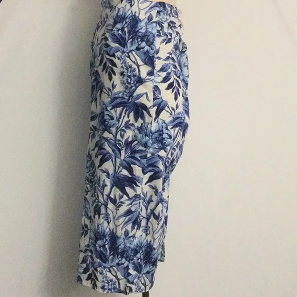 NWT H&amp;M Linen Blend Floral Faux Wrap Skirt Blue White Size 10