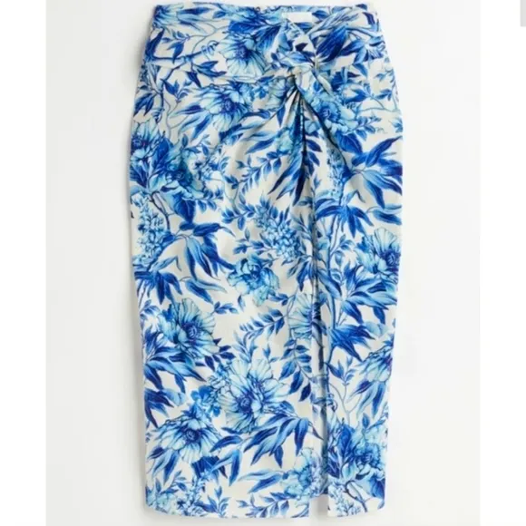 NWT H&amp;M Linen Blend Floral Faux Wrap Skirt Blue White Size 10