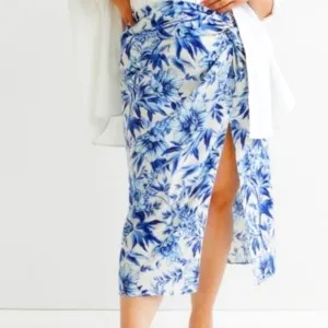 NWT H&amp;M Linen Blend Floral Faux Wrap Skirt Blue White Size 10