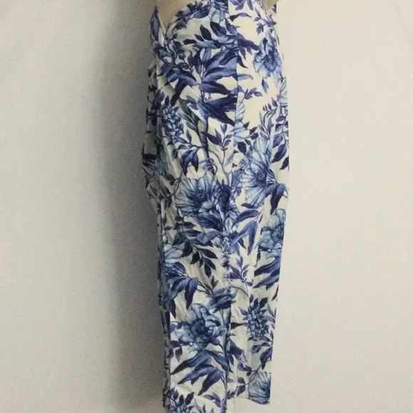 NWT H&amp;M Linen Blend Floral Faux Wrap Skirt Blue White Size 10