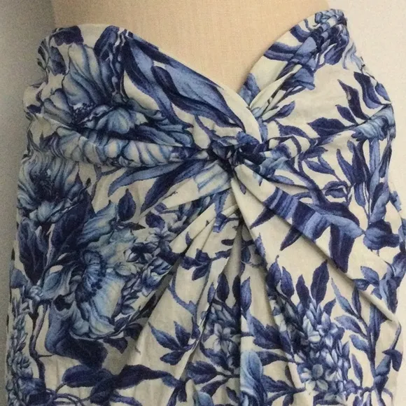 NWT H&amp;M Linen Blend Floral Faux Wrap Skirt Blue White Size 10