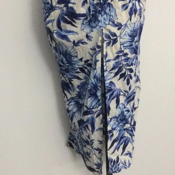 NWT H&amp;M Linen Blend Floral Faux Wrap Skirt Blue White Size 10
