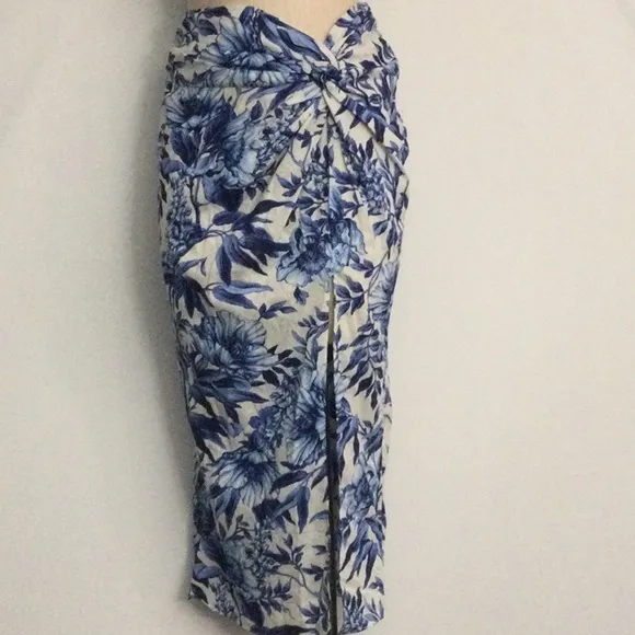NWT H&amp;M Linen Blend Floral Faux Wrap Skirt Blue White Size 10
