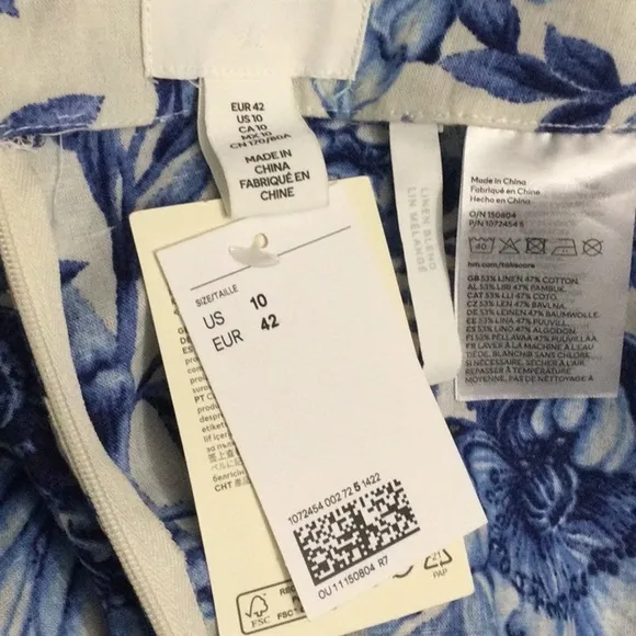 NWT H&amp;M Linen Blend Floral Faux Wrap Skirt Blue White Size 10