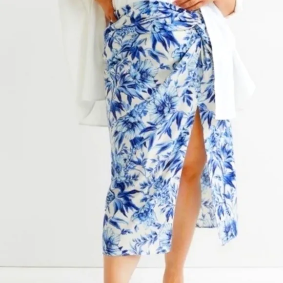 NWT H&amp;M Linen Blend Floral Faux Wrap Skirt Blue White Size 10